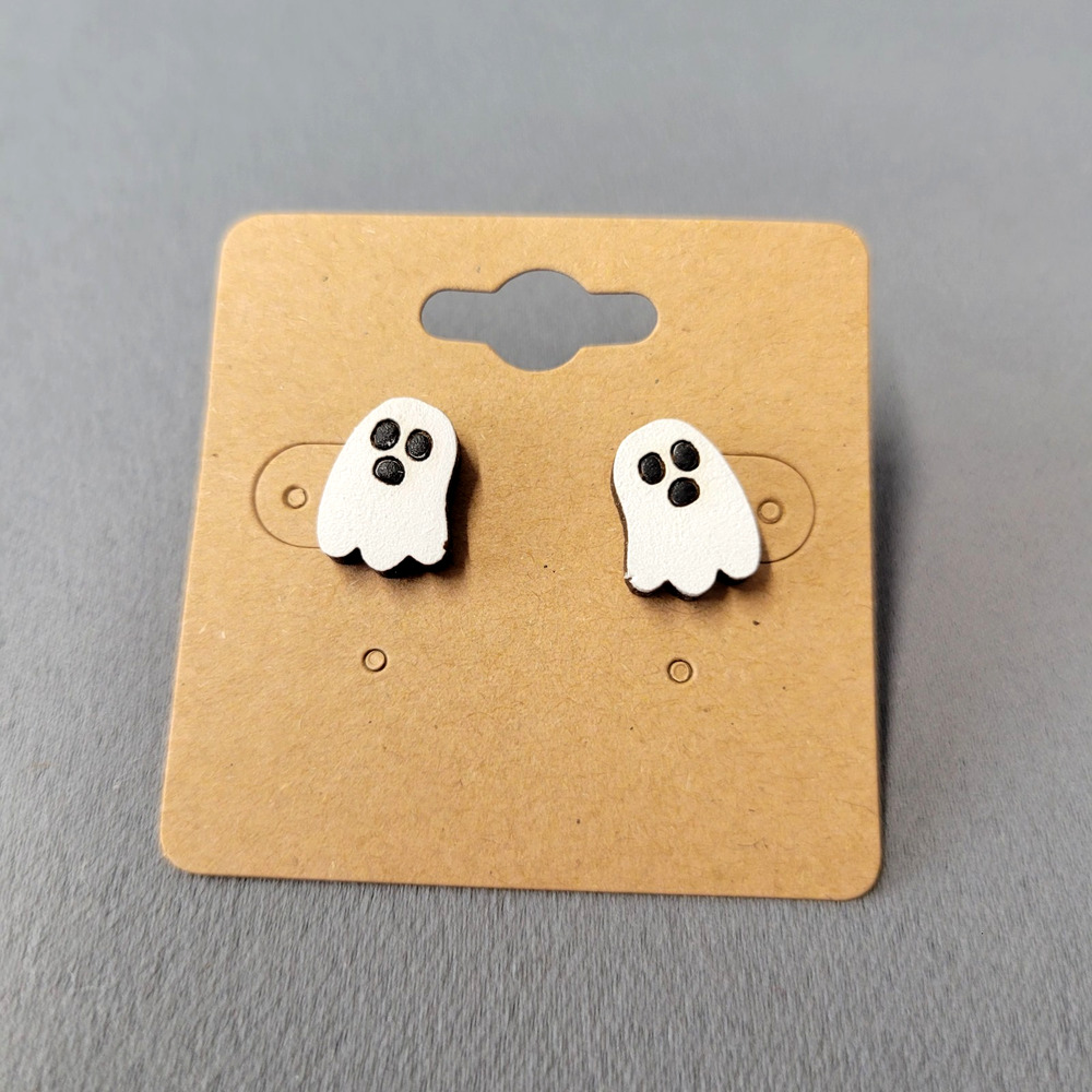 Halloween Wooden Ghost Stud Earrings Painted White Black Fun Spooky New